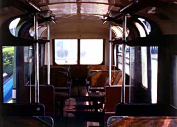 Inside a former Southend Pier railway trailer carriage.
