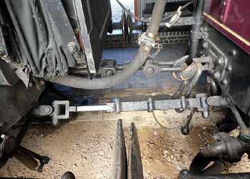 hose pipes and coupling rod view of GWR Railmotor 93 and auto-trailer 92 coupled.