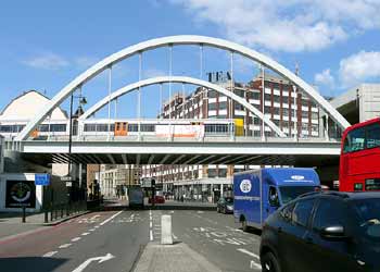 London Overground bow string bridge at Shoreditch.