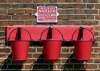 fire buckets at railway station.