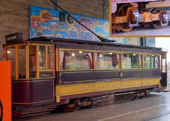 side view of Seaton Tramway Tram No. 16 with inset image showing a maximum traction bogie.