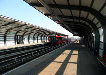 London DLR platform view Pontoon Dock station.
