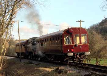 GWR auto-train with steam locomotive between two auto coaches.