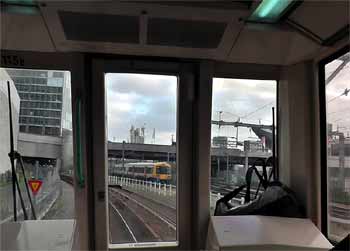 Class 378 train seen from a DLR train Stratford.