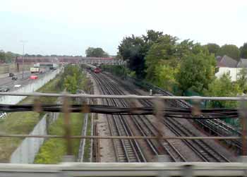 GOBLIN train window view of the Central line near Leytonstone.